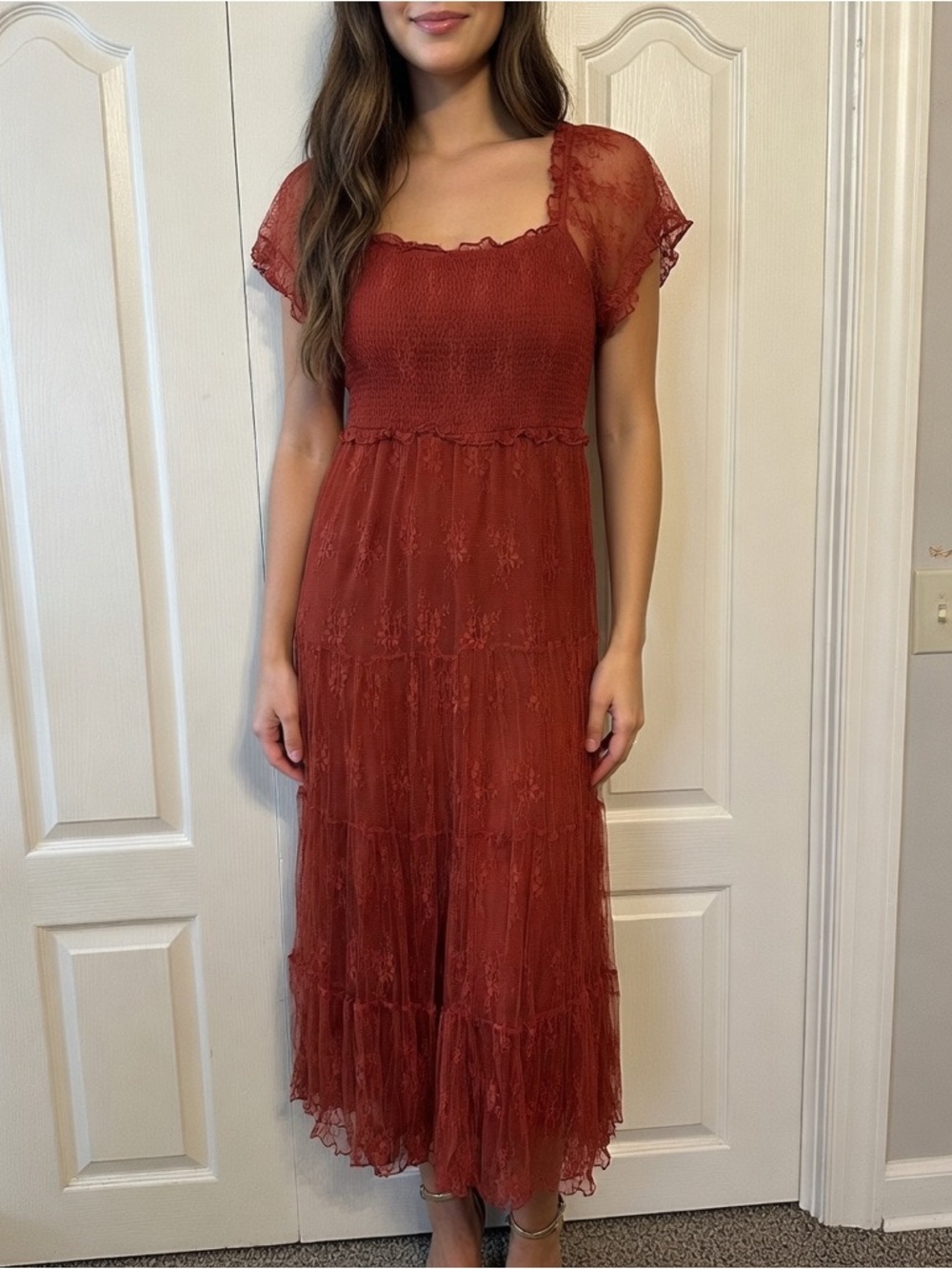 Ember Women’s Rust Lace/Mesh Tiered Midi Dress  Sz. M